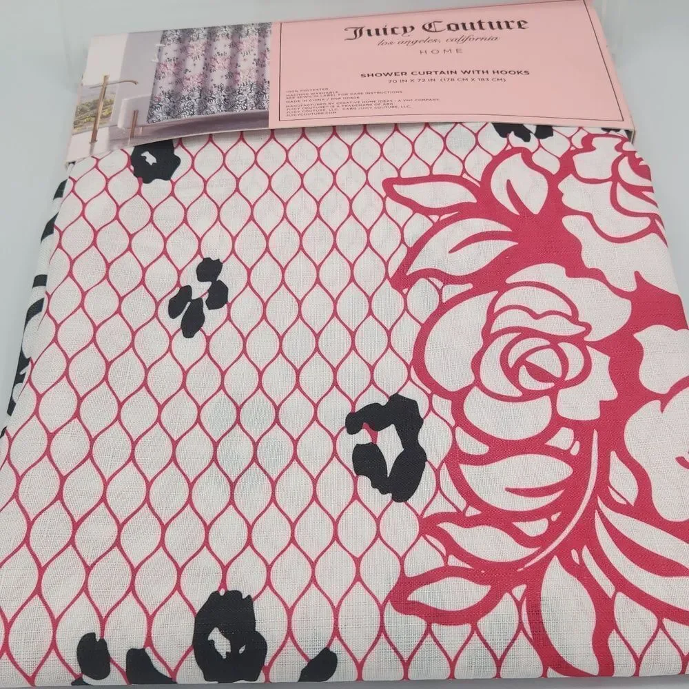 NWT JUICY COUTURE SHOWER CURTAIN WIT HOOKS 70 X 72 LOGO Pink black And White